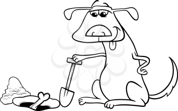 Black and White Cartoon Illustration of Dog which Burrows or Digs his Bone for Coloring Book