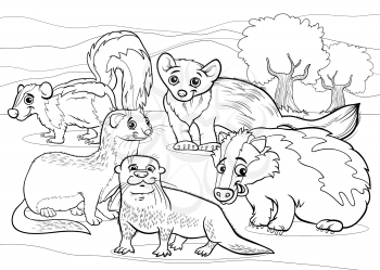 Black and White Cartoon Illustrations of Funny Mustelids Mammals Animals Mascot Characters Group for Coloring Book