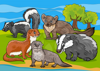 Cartoon Illustrations of Funny Mustelids Mammals Animals Mascot Characters Group