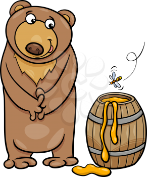 Cartoon illustration of Cute Bear with Barrel of Honey 