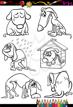 Coloring Book or Page Cartoon Illustration of Black and White Poor Sad Homeless Stray Dogs Set for Children