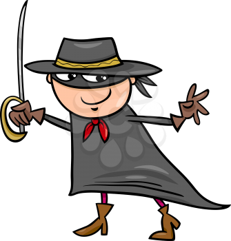 Cartoon Illustration of Cute Little Boy in Zorro or Fantasy Character Costume for Fancy Ball