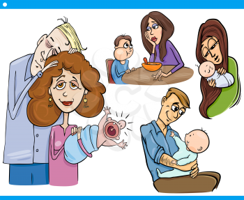 Cartoon Illustration Set of Parents with Children and Babies