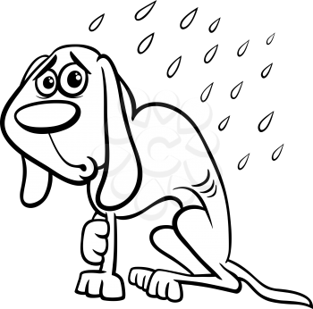 Black and White Cartoon Illustration of Poor Homeless Dog in the Rain for Coloring Book