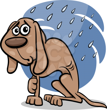 Cartoon Illustration of Poor Homeless Dog in the Rain