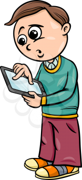 Cartoon Illustration of Elementary School Student Boy with Tablet PC