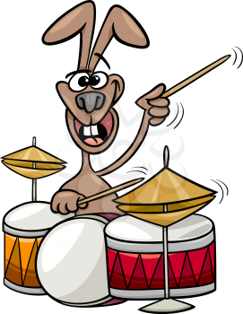 Cartoon Illustration of Funny Bunny Playing Rock on Drums