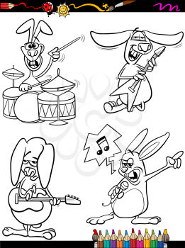 Coloring Book or Page Cartoon Illustration of Black and White Funny Rabbits Playing Rock Music and Singing for Children