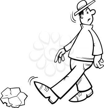 Black and White Cartoon Illustration of Funny Inattentive Man Going to Stumble on a Stone for Coloring Book