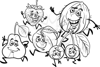 Black and White Cartoon Illustration of Happy Running Fruits Food Characters for Coloring Book
