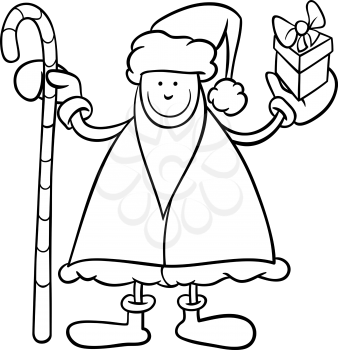 Black and White Cartoon Illustration of Santa Claus Character with Cane and Christmas Present for Coloring Book