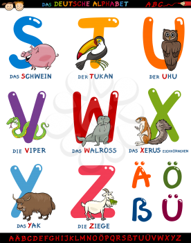 Cartoon Illustration of Colorful German or Deutsch Alphabet Set with Funny Animals from Letter S to Z and Special Characters