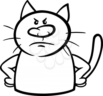 Black and White Cartoon Illustration of Funny Cat Expressing Angry Mood or Emotion for Coloring Book