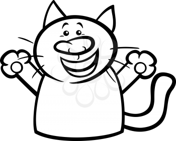 Black and White Cartoon Illustration of Funny Cat Expressing Happiness Emotion for Coloring Book