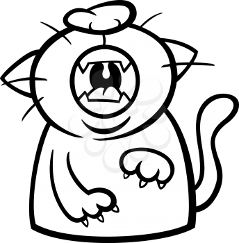 Black and White Cartoon Illustration of Funny Yawning or Moewing Cat for Coloring Book