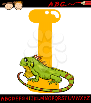Cartoon Illustration of Capital Letter I from Alphabet with Iguana Animal for Children Education