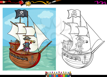 Coloring Book or Page Cartoon Illustration of Black and White Pirate Captain with Spyglass and Ship with Jolly Roger Flag for Children
