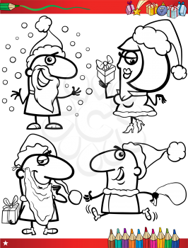 Coloring Book Cartoon Illustration of Black and White Christmas Themes Set with Santa Claus and Pretty Girl