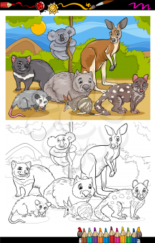 Coloring Book or Page Cartoon Illustration of Black and White Funny Marsupials Mammals Animals Characters Group for Children