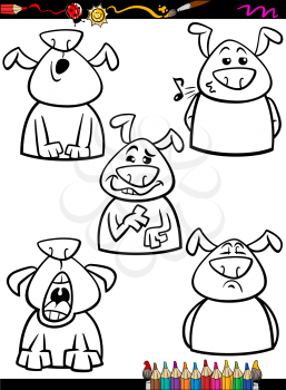 Coloring Book or Page Cartoon Illustration of Black and White Funny Dogs Expressing Emotions Set for Children