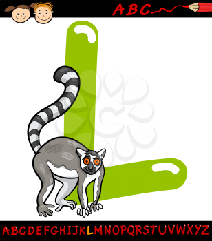 Cartoon Illustration of Capital Letter L from Alphabet with Lemur Animal for Children Education