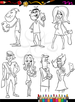 Coloring Book or Page Cartoon Illustration of Black and White Young People Characters Set for Children