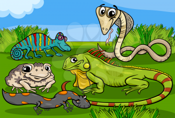 Cartoon Illustrations of Funny Reptiles and Amphibians Animals Characters Group