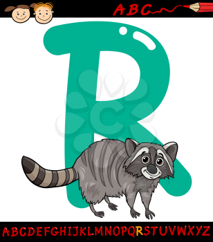 Cartoon Illustration of Capital Letter R from Alphabet with Raccoon Animal for Children Education