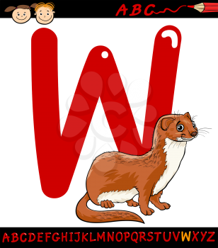 Cartoon Illustration of Capital Letter W from Alphabet with Weasel Animal for Children Education
