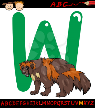 Cartoon Illustration of Capital Letter W from Alphabet with Wolverine Animal for Children Education