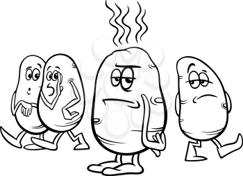 Black and White Cartoon Humor Concept Illustration of Hot Potato Saying or Proverb for Coloring Book