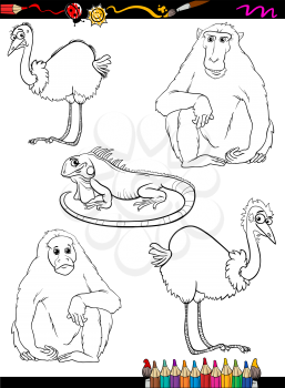 Coloring Book or Page Cartoon Illustration of Black and White Wild Animals Set for Children