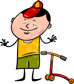 Cartoon Illustration of Cute Little Boy with Toy Scooter