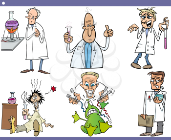Cartoon Illustration of Funny or Crazy Scientists doing Experiments