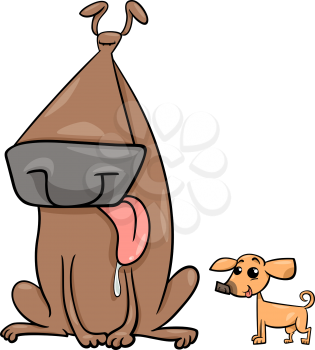 Cartoon Illustration of Big Dog and Small Chihuahua