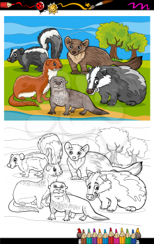 Coloring Book or Page Cartoon Illustration of Black and White Funny Mustelids Mammals Animals Characters Group for Children
