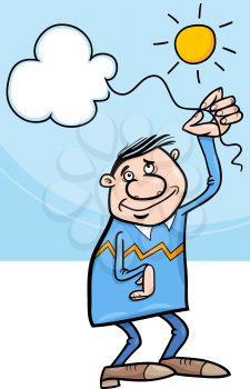 Cartoon Illustration of Happy Man with Cloud on a String