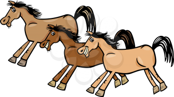 Cartoon Illustration of Funny Galloping Horses or Mustangs