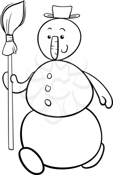 Black and White Cartoon Illustration of Cute Snowman Character with Besom for Coloring Book