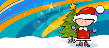 Greeting Card Cartoon Illustration of Cute Boy Santa Claus with Christmas Tree