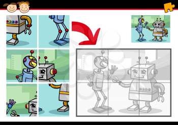 Cartoon Illustration of Education Jigsaw Puzzle Game for Preschool Children with Funny Robots