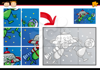 Cartoon Illustration of Education Jigsaw Puzzle Game for Preschool Children with Funny Aliens with Ufo