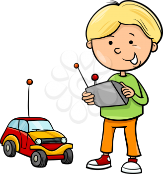 Cartoon Illustration of Cute Boy with Remote Toy Car