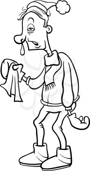 Black and White Cartoon Humorous Illustration of a Man with a Flu and Running Nose for Coloring Book