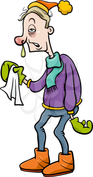 Cartoon Humorous Illustration of a Man with a Flu and Running Nose