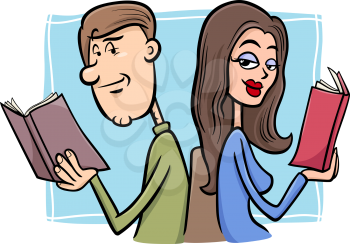 Cartoon Illustration of Young Couple in Love at First Sight