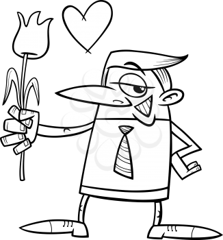 Black and White Cartoon Illustration of Funny Man in Love with Flower for Coloring Book