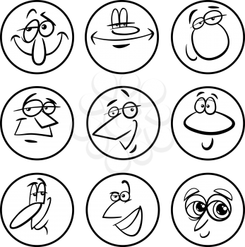 Cartoon Illustration of Funny Comics Characters or Faces Black and White Set