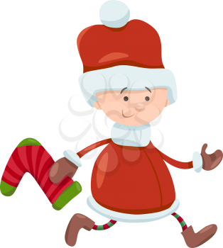 Cartoon Illustration of Santa Claus Boy Character with Christmas Sock