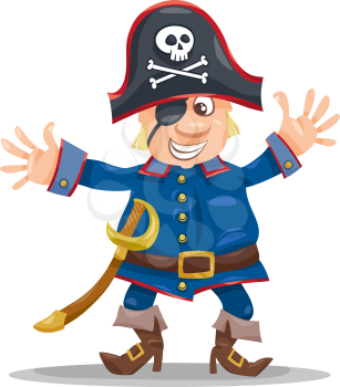 Cartoon Illustration of Funny Pirate or Corsair Captain with Eye Patch and Jolly Roger